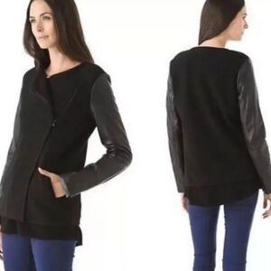 Vince black leather wool minimalist coat jacket